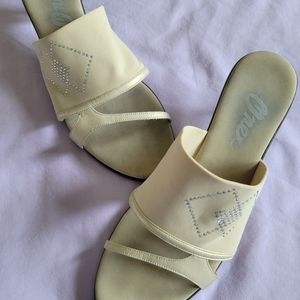 Women's 2" heel, creamy colored embelished sandals sz 40 (sz 9.5)